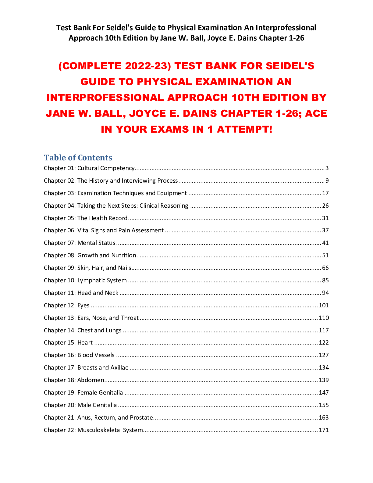 Preview of (COMPLETE 2022-23) TEST BANK FOR SEIDEL'S GUIDE TO PHYSICAL EXAMINATION AN INTERPROFESSION